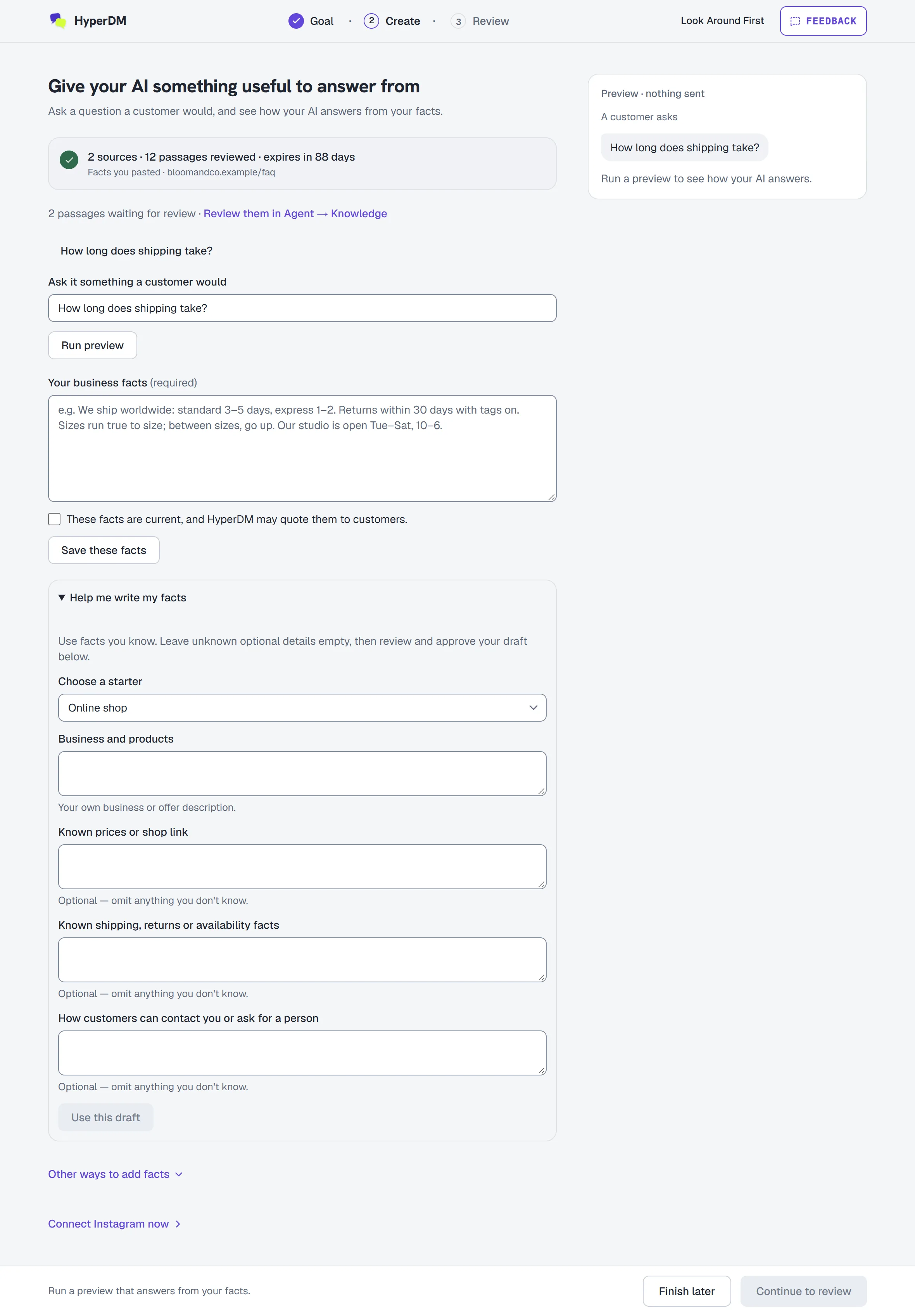 AI setup with saved-fact question suggestions and guided starters