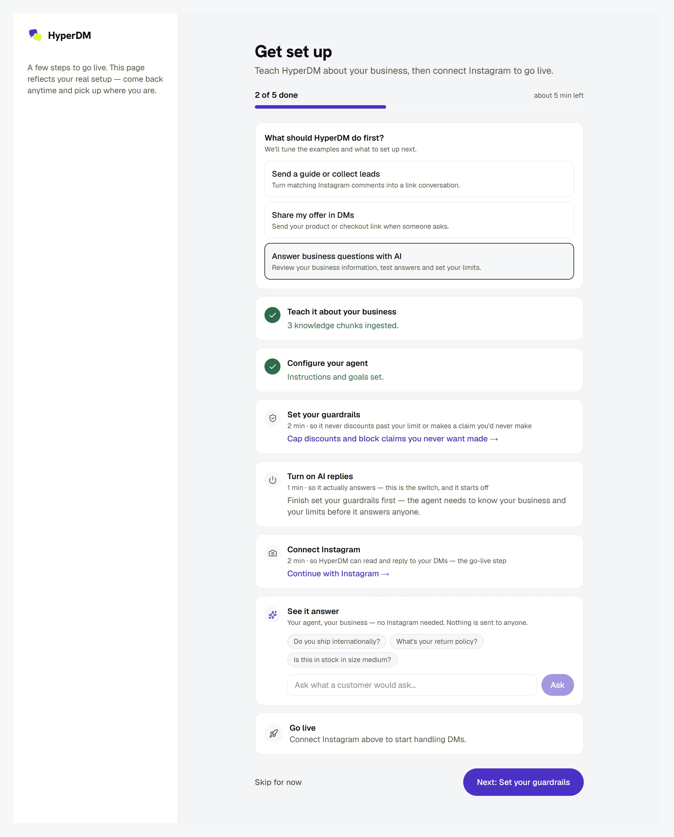 The setup page for the AI-answers goal — five steps, Connect Instagram last