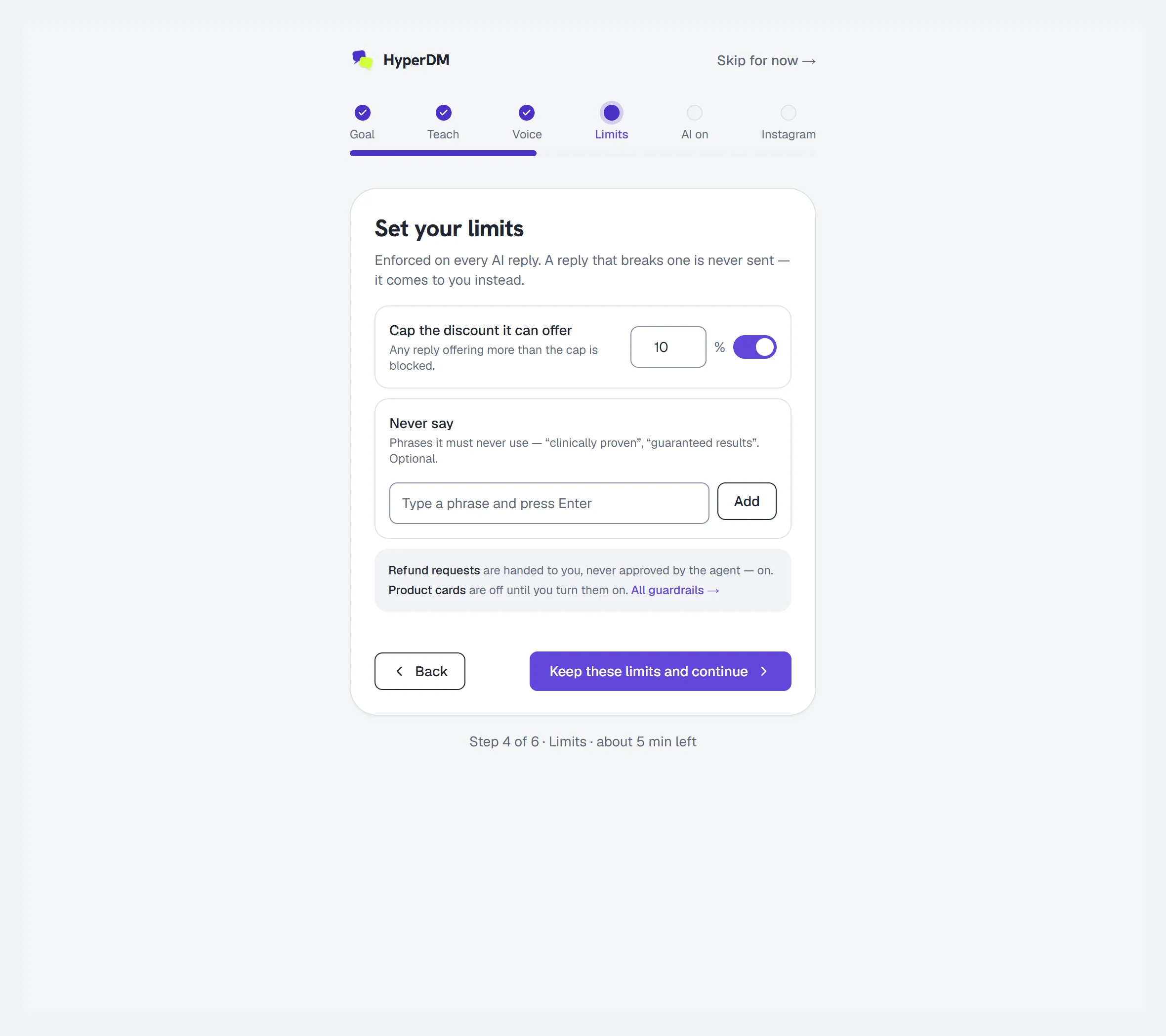 The AI path at "Set your limits" — the discount cap, forbidden phrases and the defaults that stay on