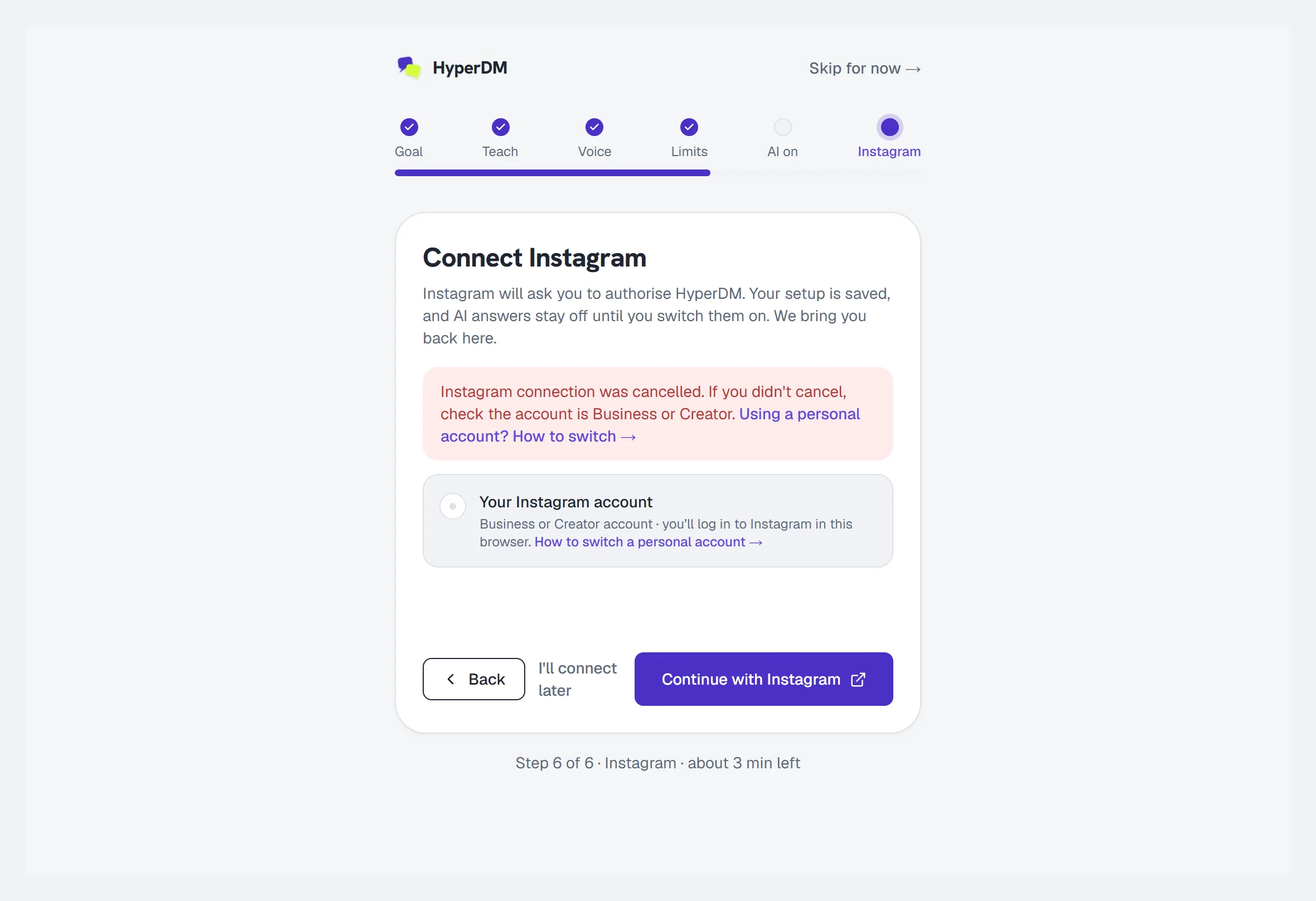 The setup page's Instagram screen after a cancelled connect — the notice and the line under the button both link the switch guide