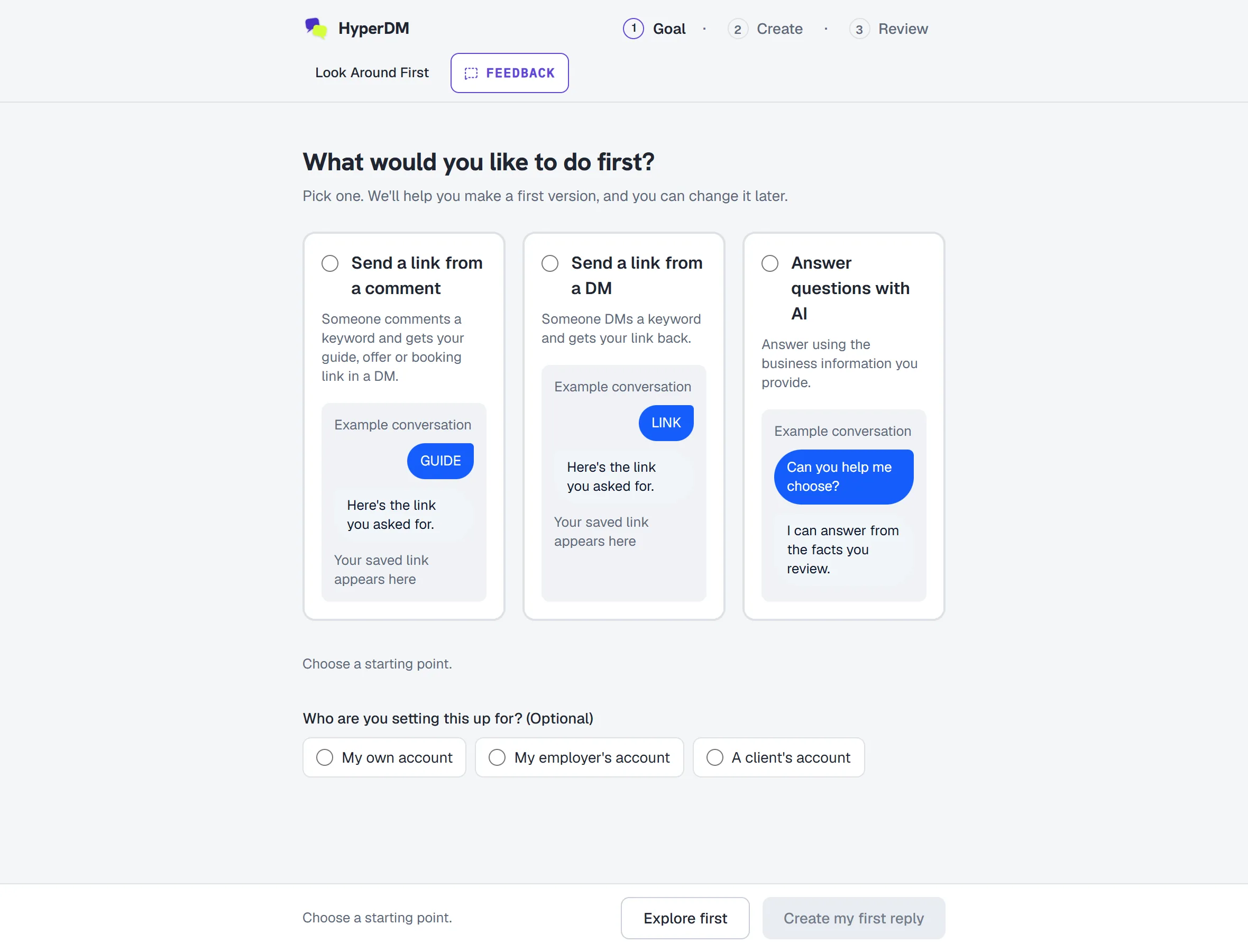 Goal cards with illustrative conversations and the optional account relationship