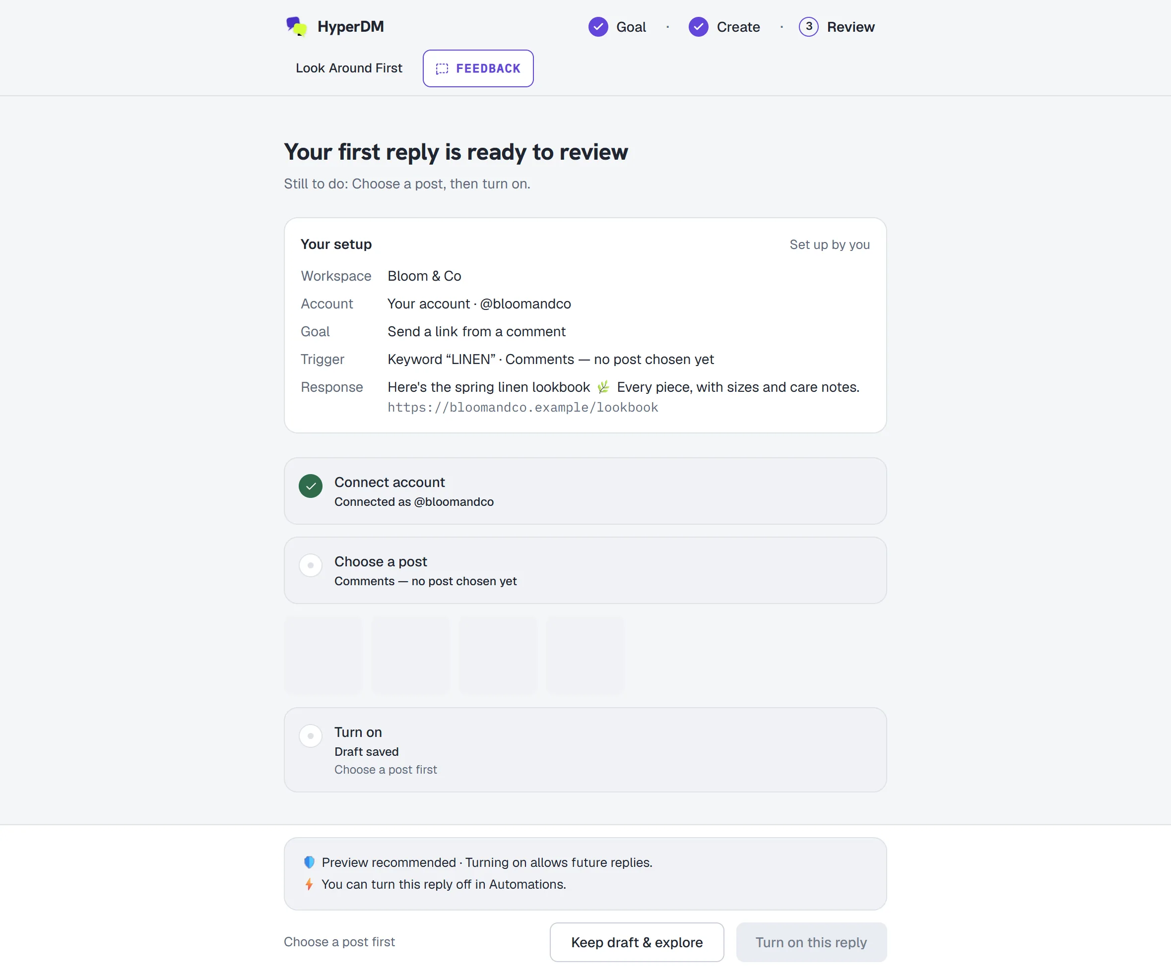 The three-stage setup page on Review — Instagram connected, Choose a post open with the squares your latest posts load into, and Turn on this reply disabled until you choose one