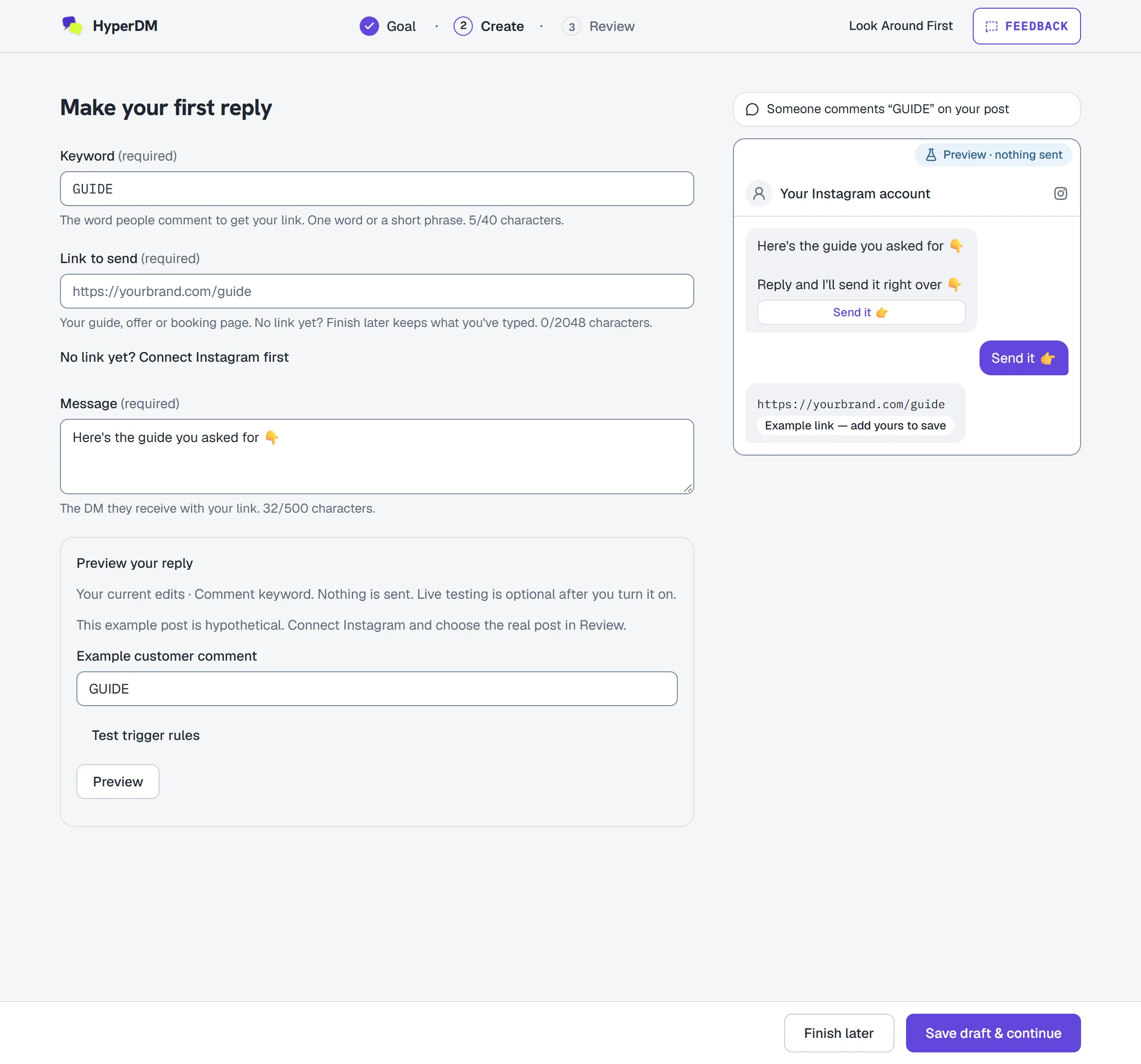 Create a reply with editable local simulation before turning it on