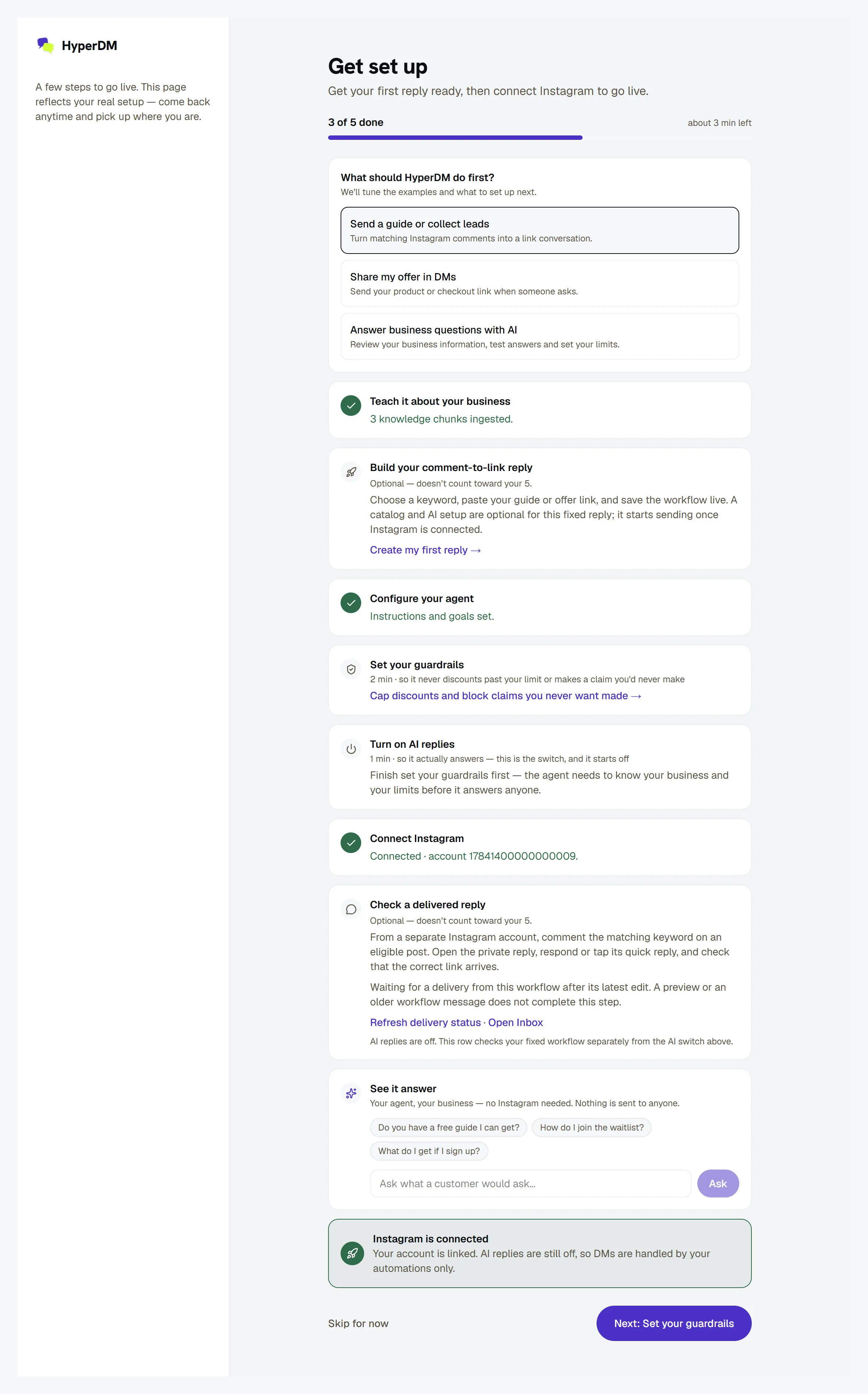 The setup page for the guide and offer goals, with Instagram connected