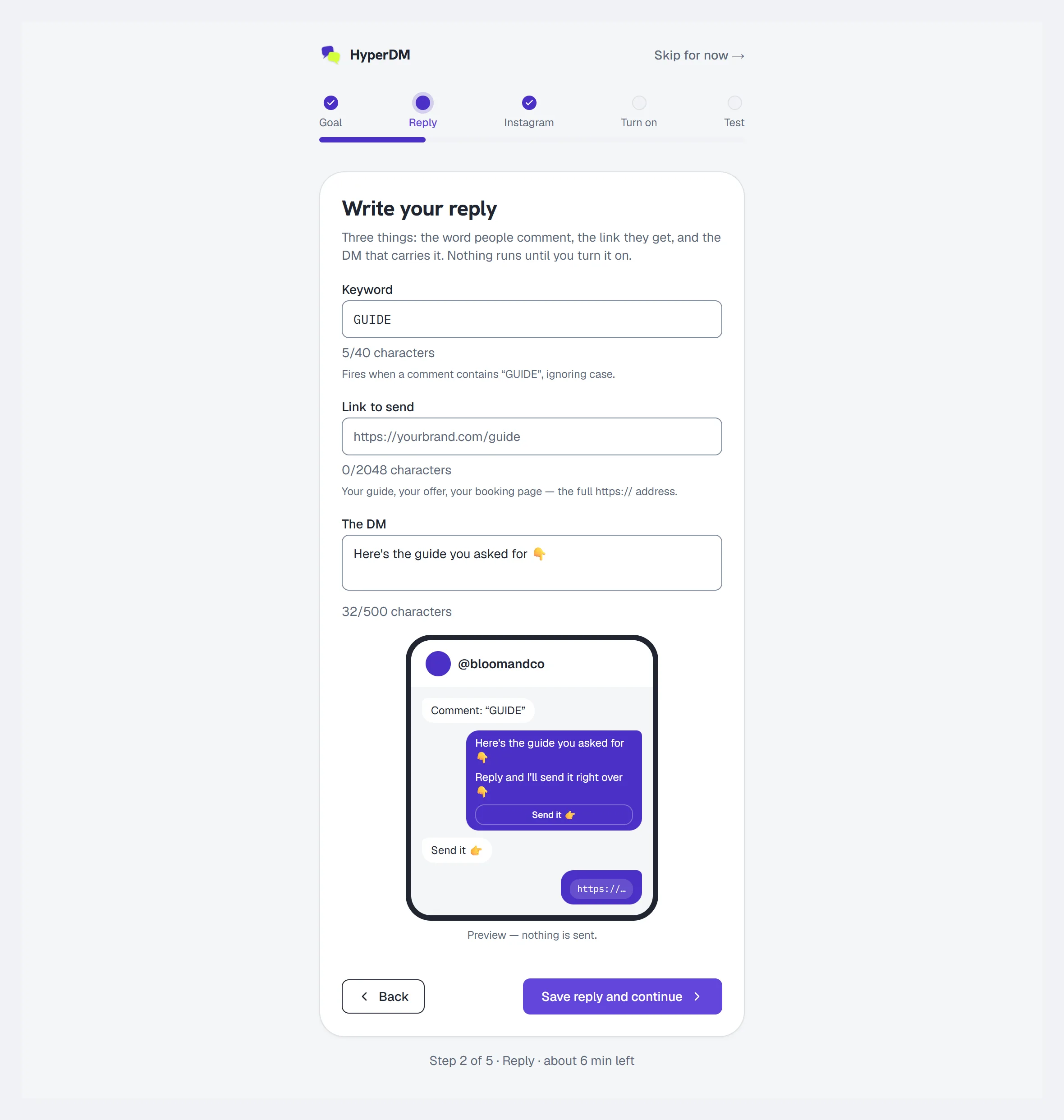 The reply path at "Write your reply" — keyword, link, the DM and the phone preview