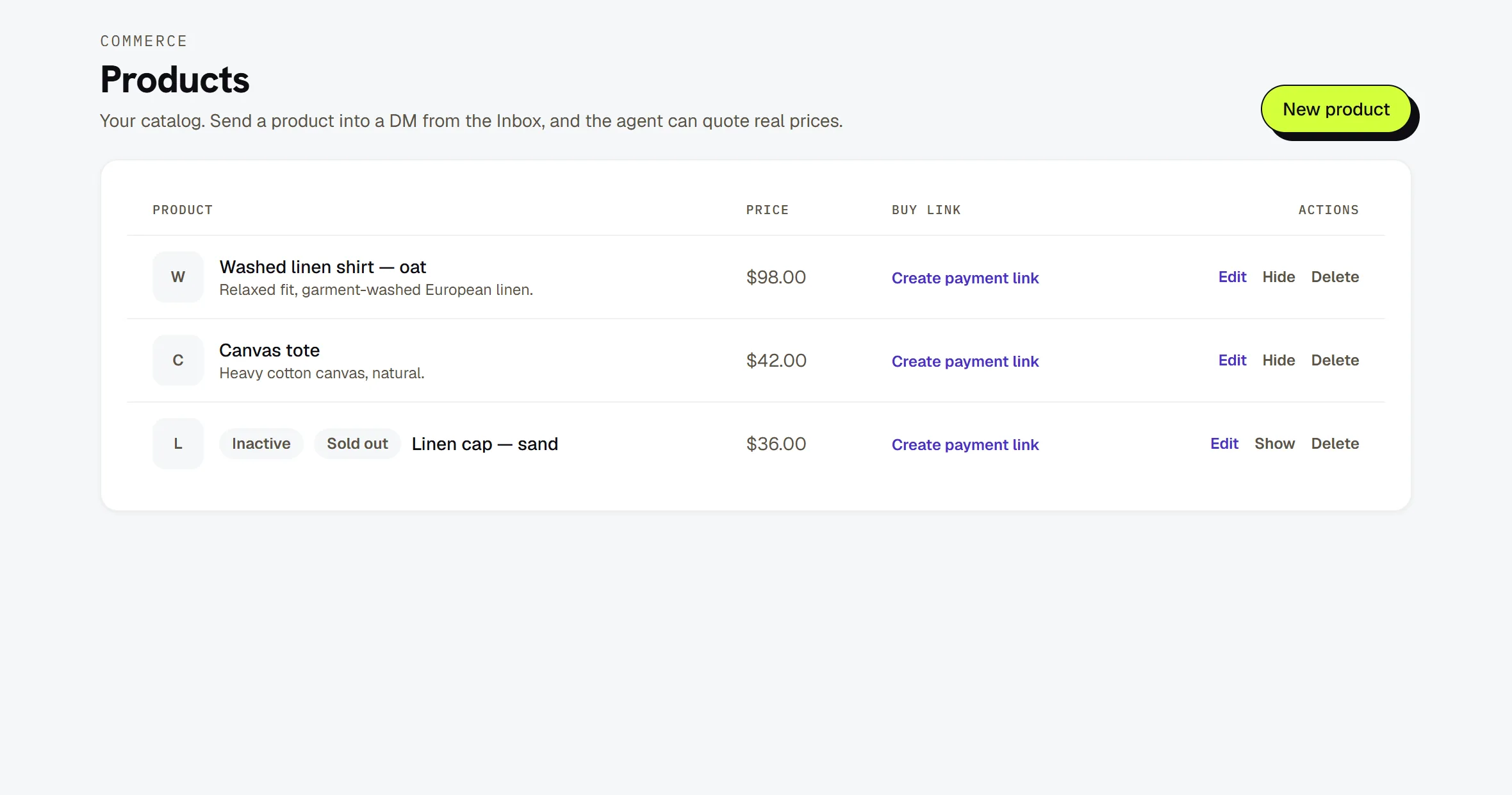 Products — the catalogue with prices, buy links and the Active state