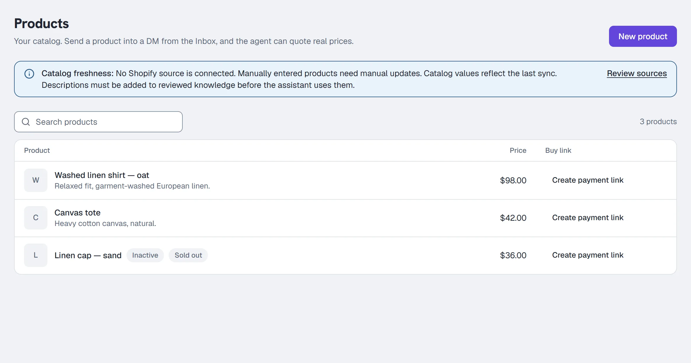 Products: the catalogue with prices, buy links and the Active state