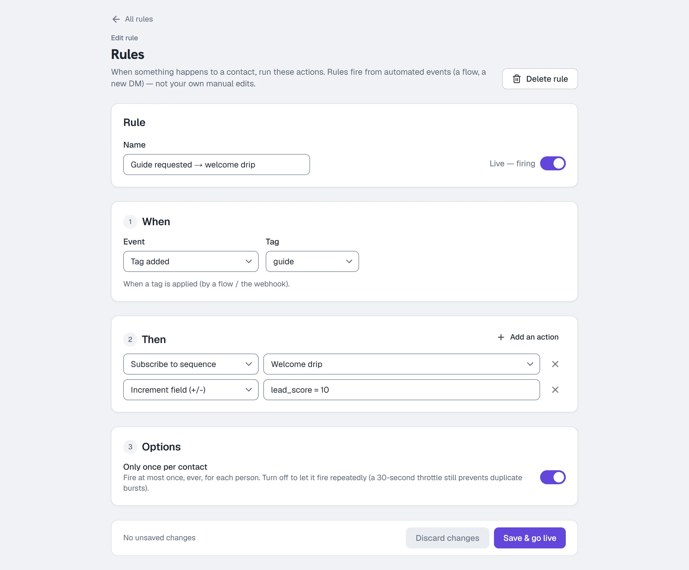 The rule editor — when a tag is added, subscribe to a sequence and add to the lead score