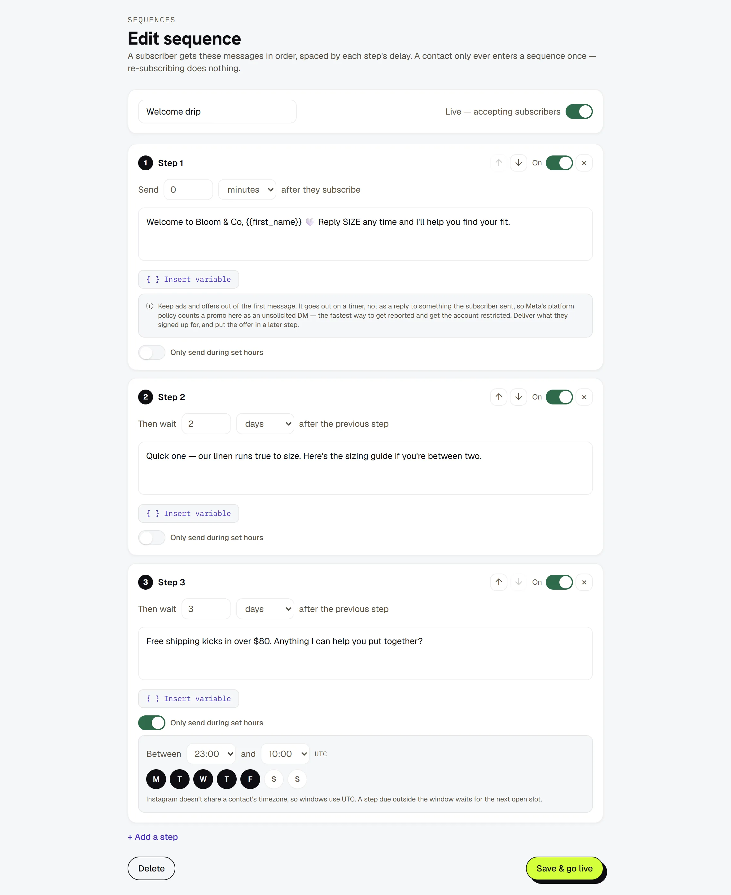 The sequence editor — three steps, each with its own wait, one with a send window