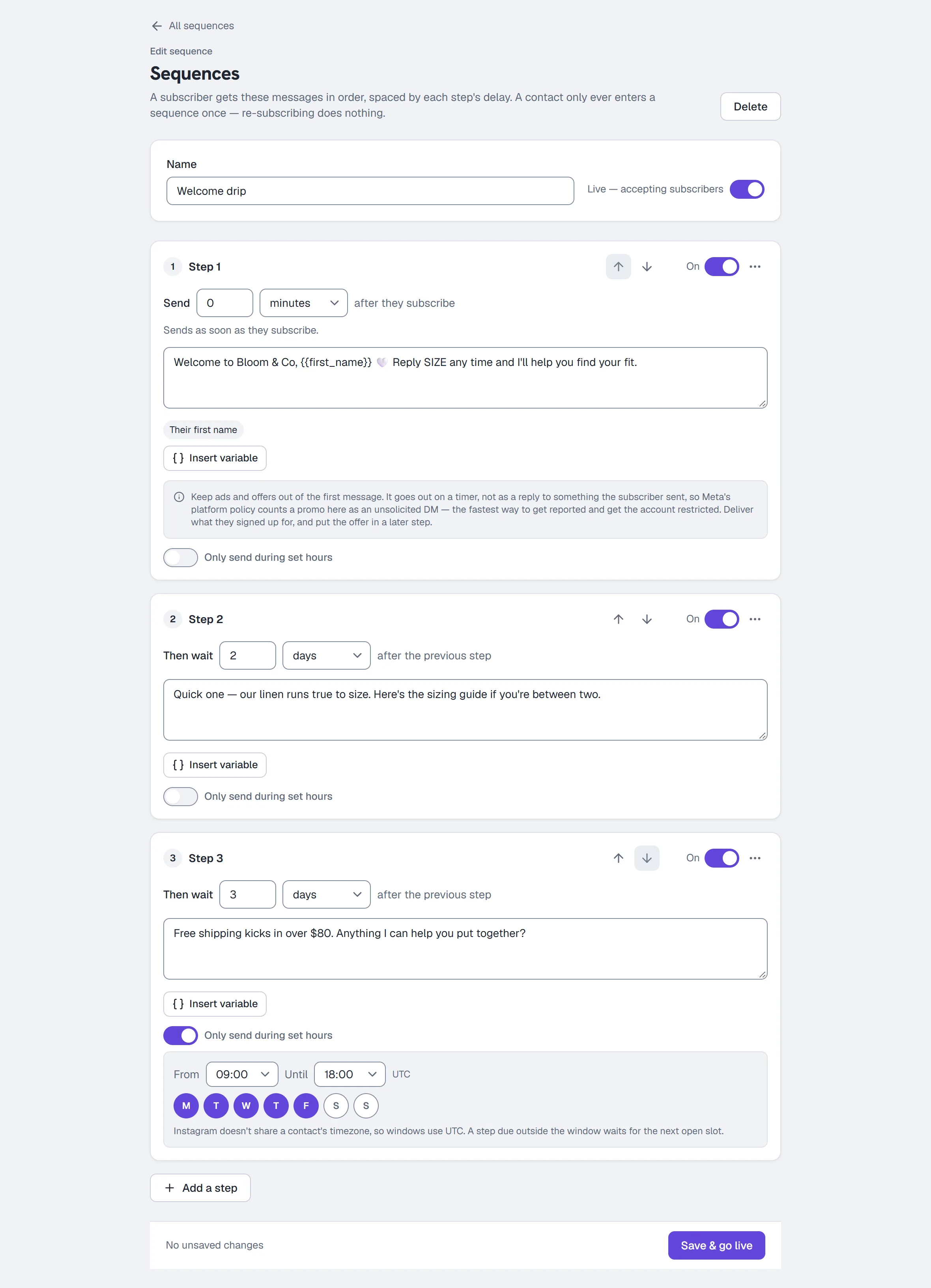 The sequence editor — three steps, each with its own wait, one with a send window