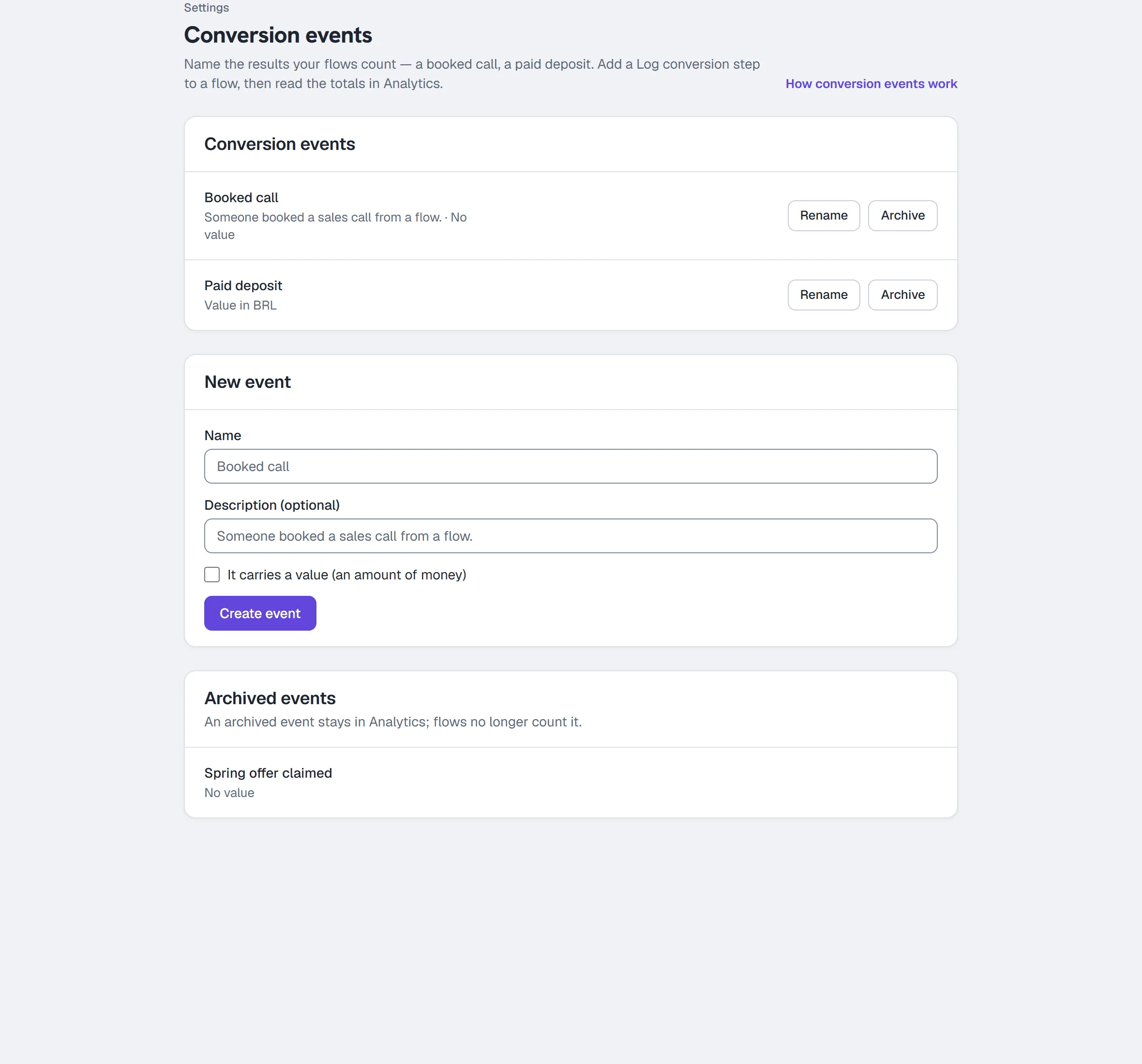 Settings → Conversion events — Booked call and Paid deposit (a value in BRL), the new-event form, and an archived event