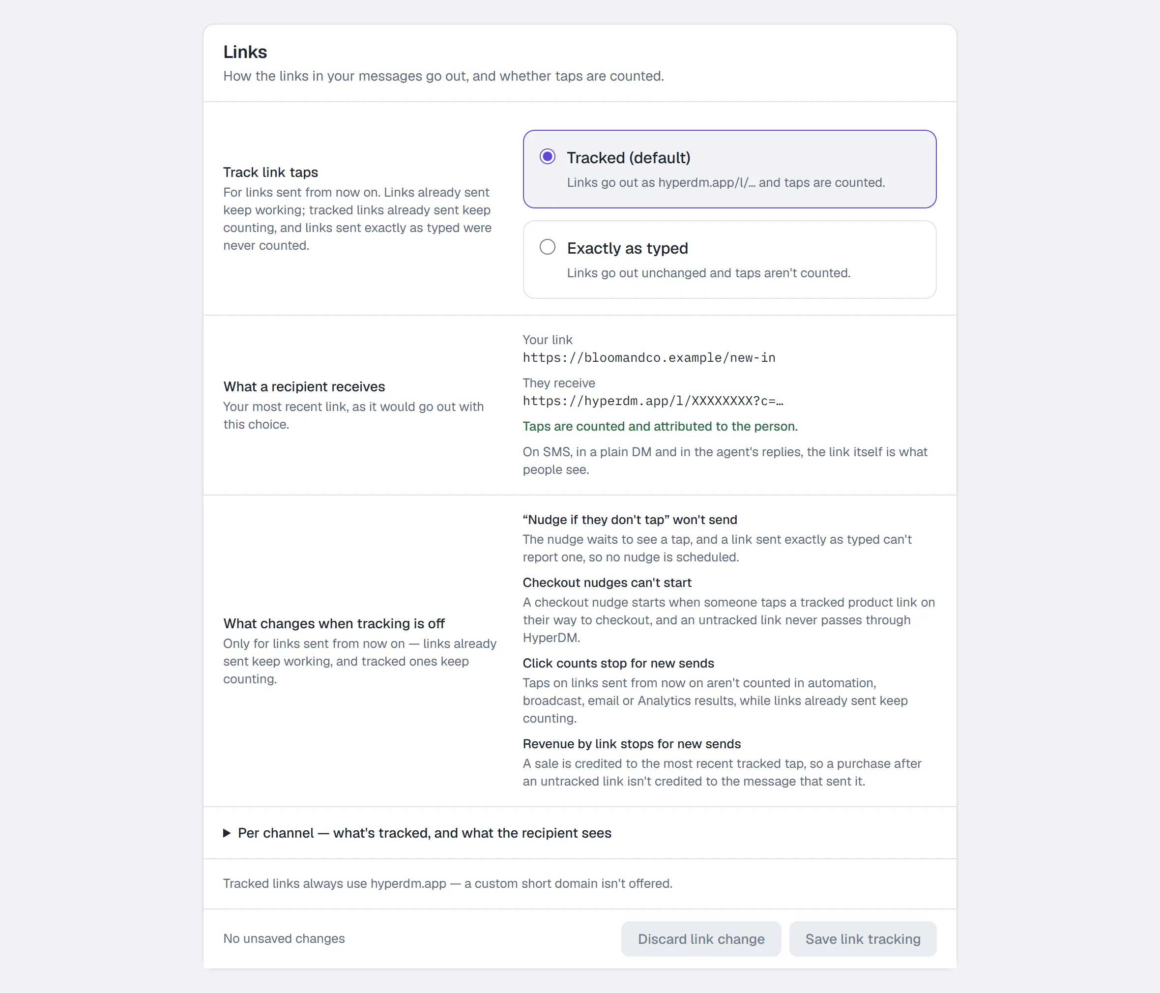 Settings → Workspace → Links, with Tracked (default) chosen