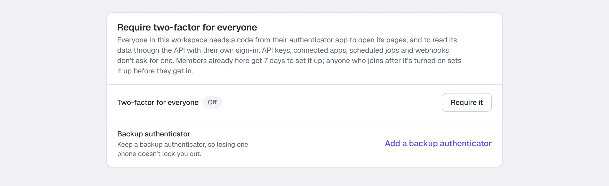 Require two-factor for everyone — the rule, Require it, and Add a backup authenticator