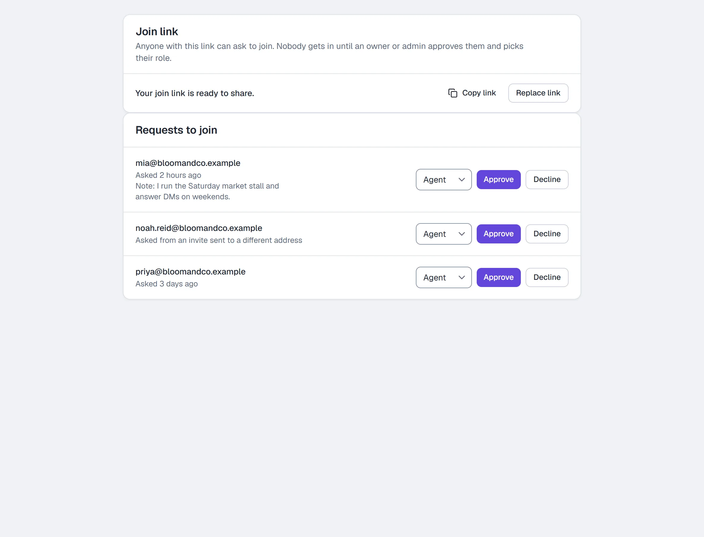 Settings → Team & roles — the join link and three requests to join, each with a role box, Approve and Decline