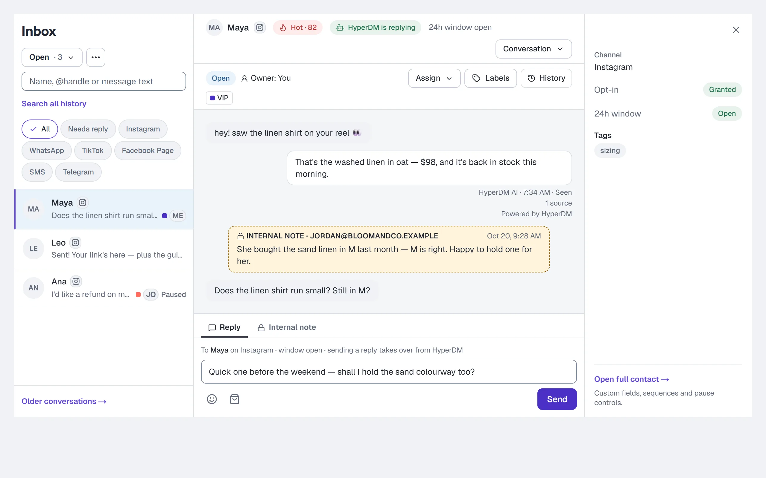 The Inbox with the team inbox on — the queue menu, an owner, a label and an internal note