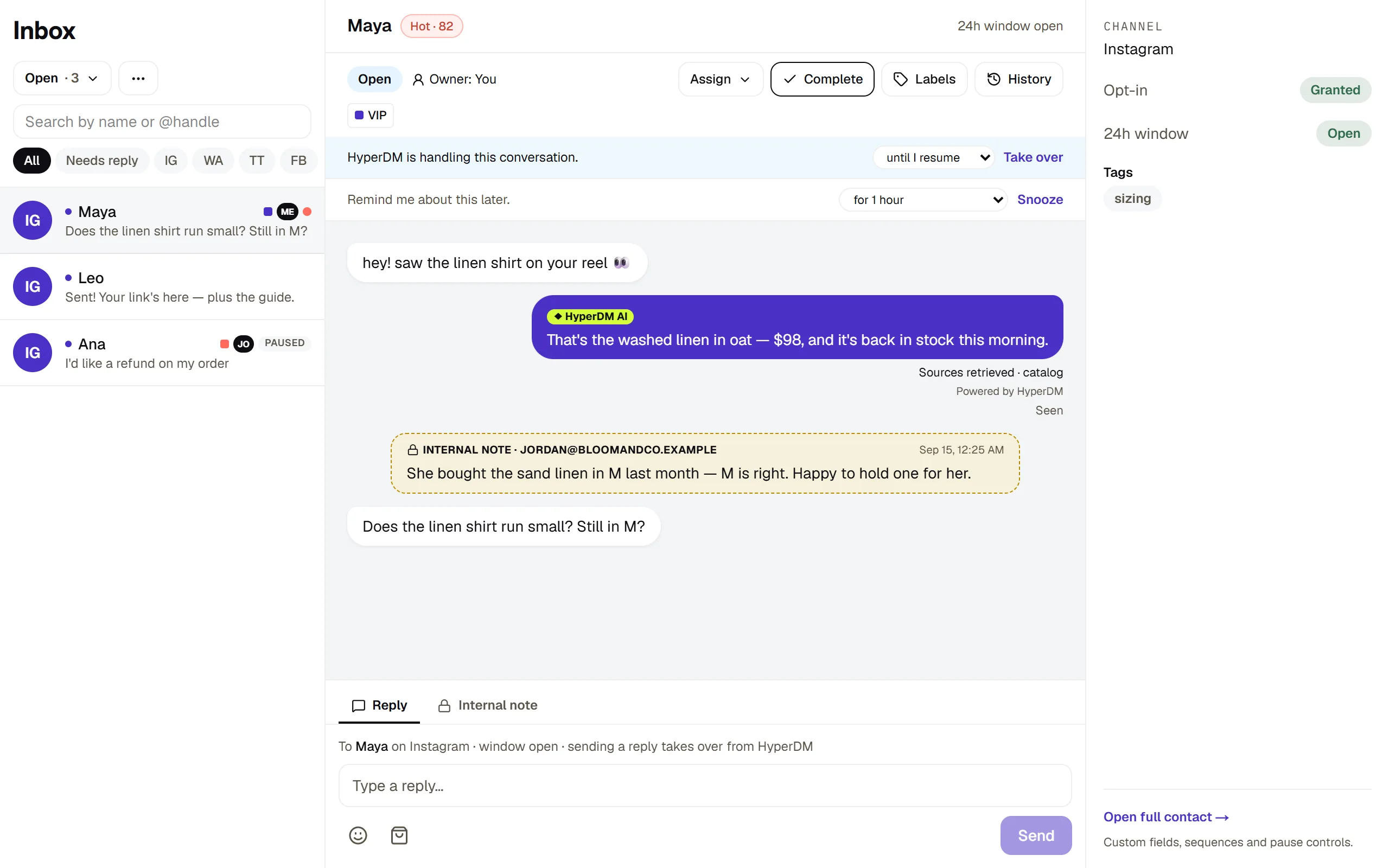 The Inbox with the team inbox on — the queue menu, an owner, a label and an internal note