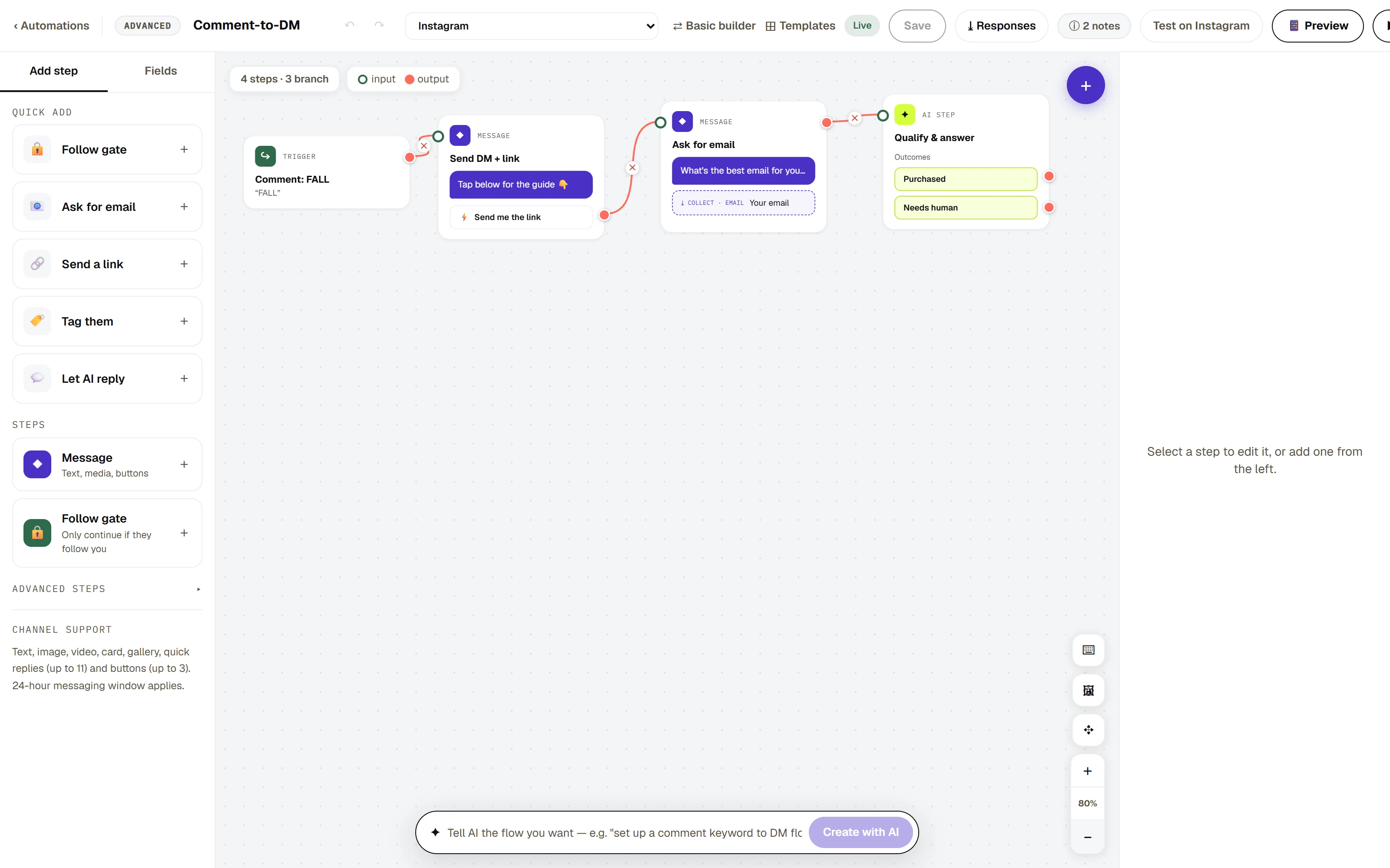 The flow canvas with an AI Step in the path