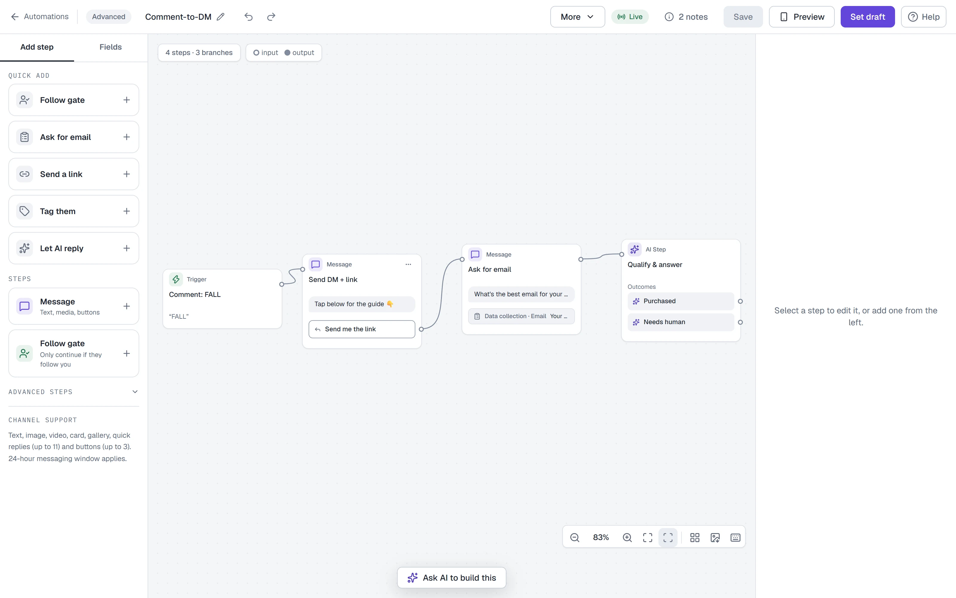 The flow canvas with an AI Step in the path