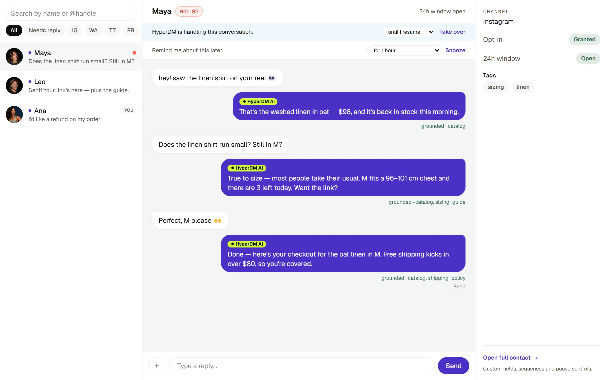 The HyperDM Inbox: a conversation scored Hot 82, an agent reply marked grounded from the catalog, and the 24-hour reply window still open.