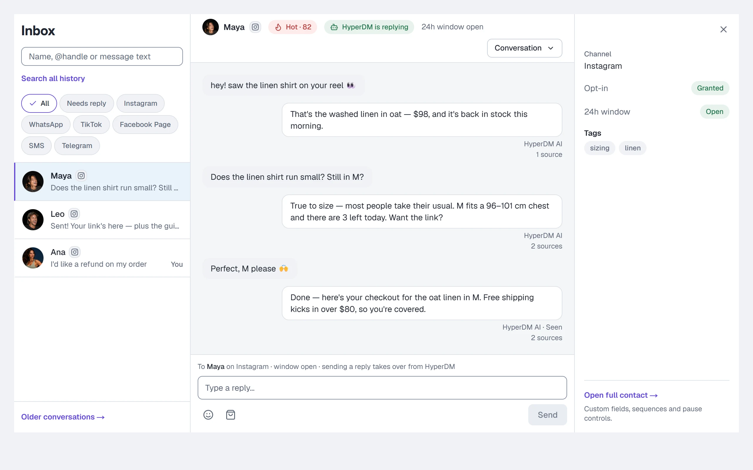 The HyperDM Inbox: a conversation scored Hot 82, an agent reply marked grounded from the catalog, and the 24-hour reply window still open.