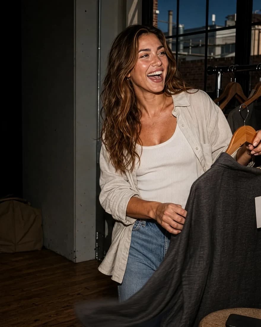 A shop owner laughing at her clothing rail, phone in hand