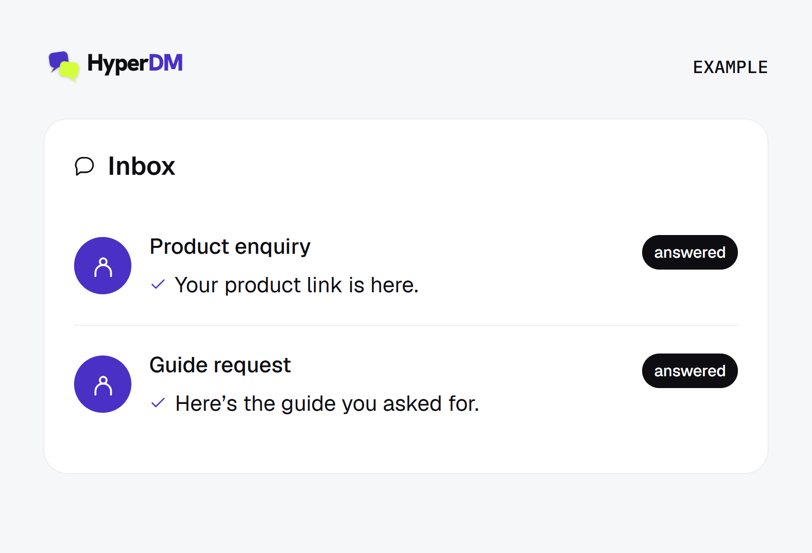 Two example DM threads in the HyperDM inbox, both answered with a sent reply.