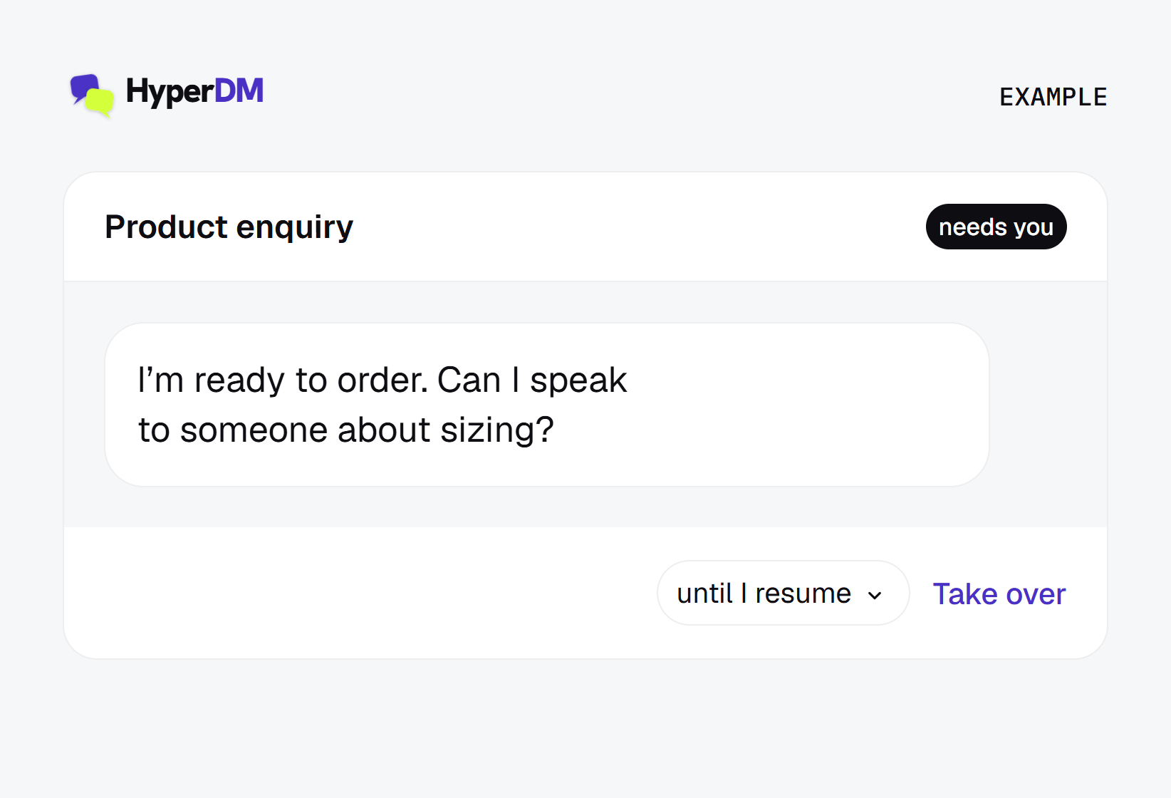 An example buying question labelled needs you, with the HyperDM Take over control visible.