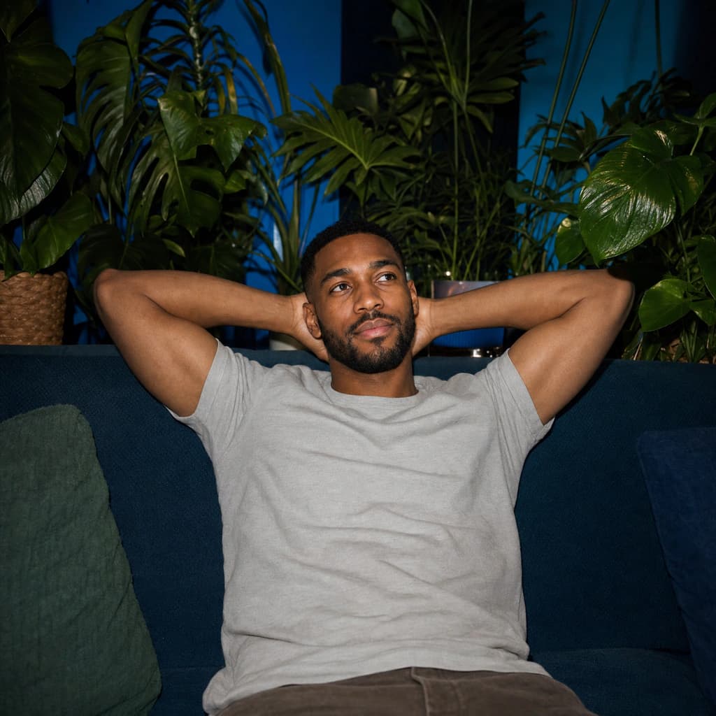 A young man reclining on a couch, hands behind his head and looking away, with plants behind him.