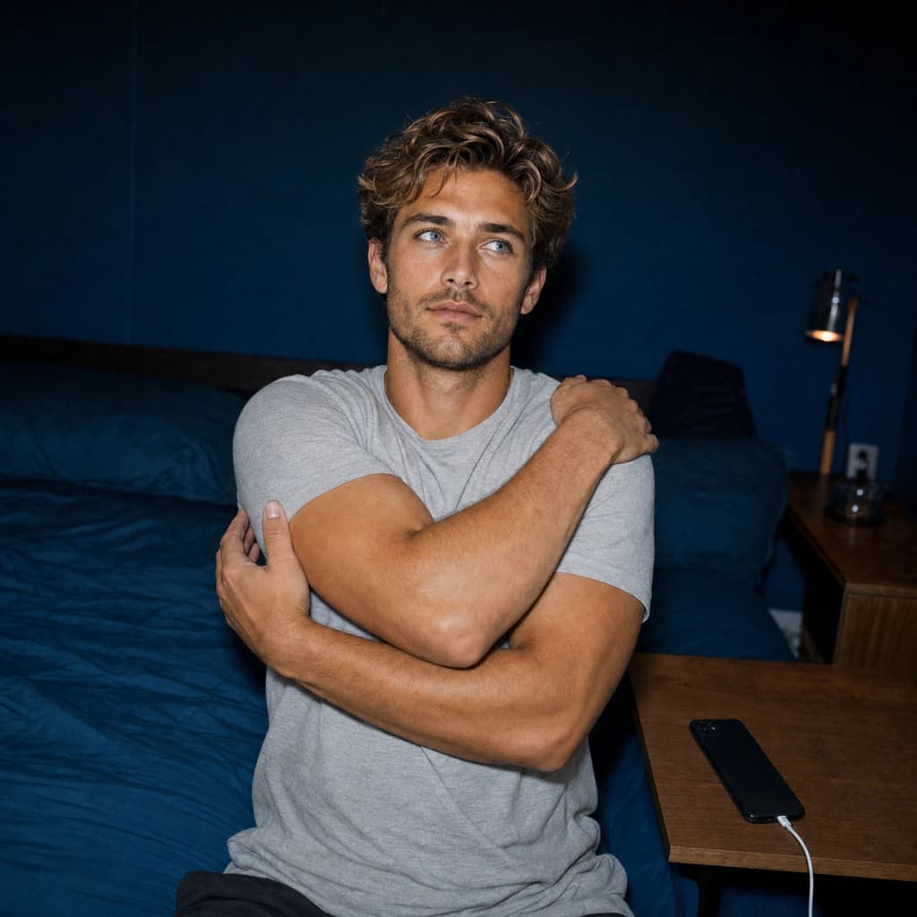 A man stretching on the edge of a bed at night, with his phone charging face down on the nightstand.