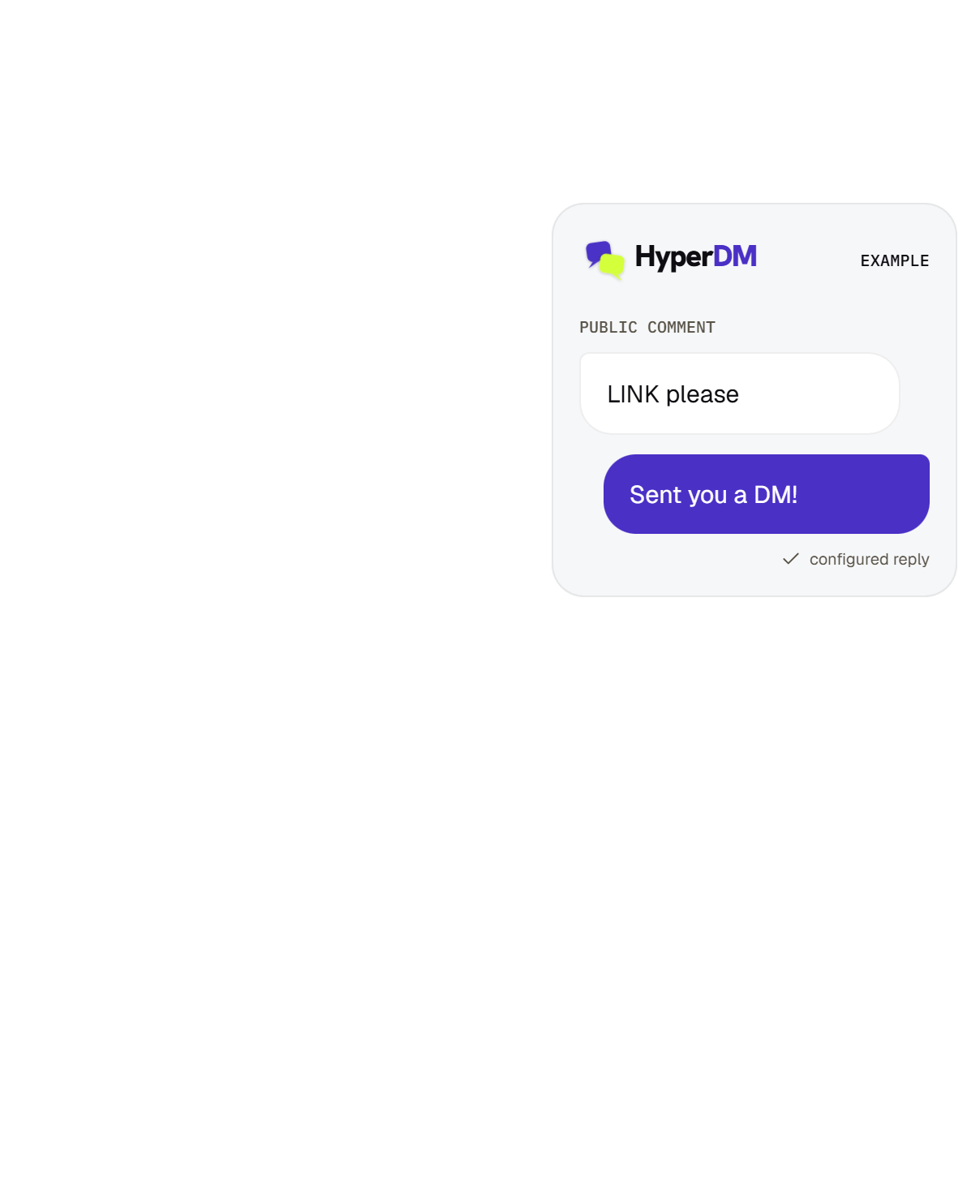 An example HyperDM public comment and configured reply: LINK please; Sent you a DM!