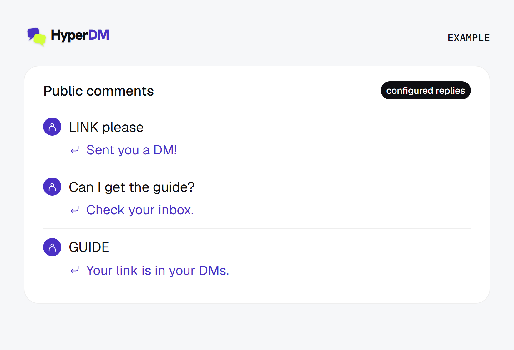 Example public comments with three different configured replies: Sent you a DM! Check your inbox. Your link is in your DMs.