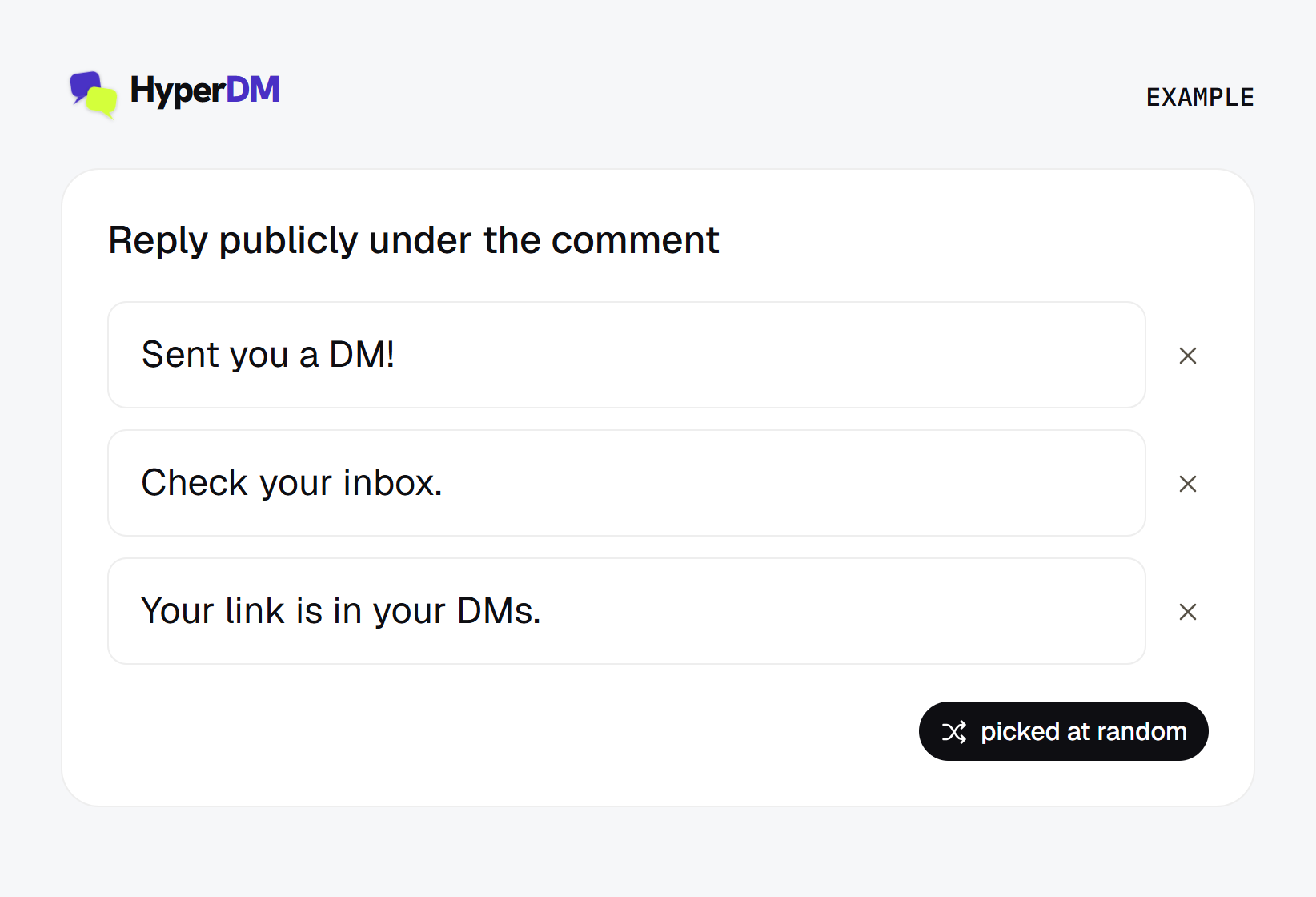 Example HyperDM composer containing the same three configured public replies, labelled picked at random.