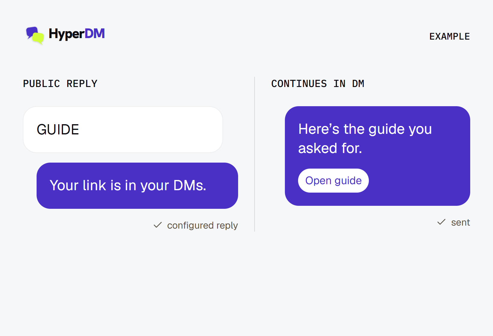Example: a configured public reply on the left, and a configured DM with the requested guide on the right, separated by a divider. No AI answer is shown.