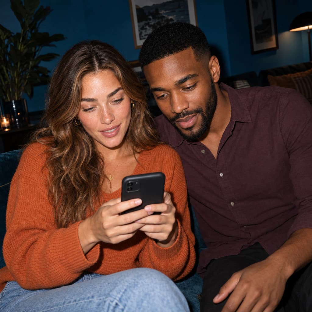 Two people in orange and plum leaning together to look at one phone.