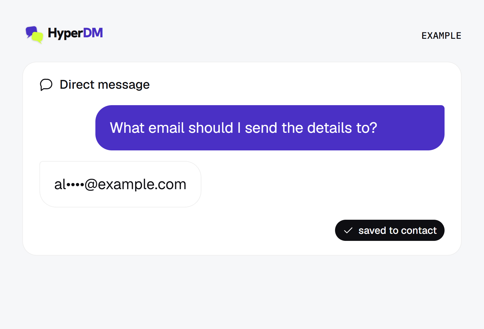 Example DM: HyperDM asks what email to send the details to; a partly masked email is provided and marked saved to contact.