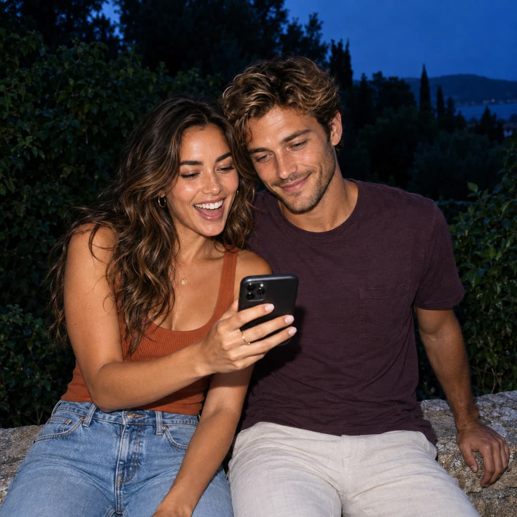 Two friends looking at one phone together and laughing on a low wall.