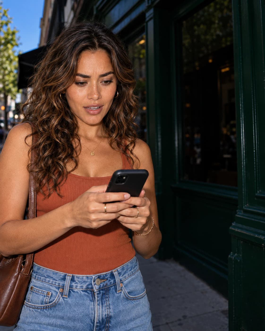 A curly-haired woman in a burnt-orange top watching her phone on a sunny street.