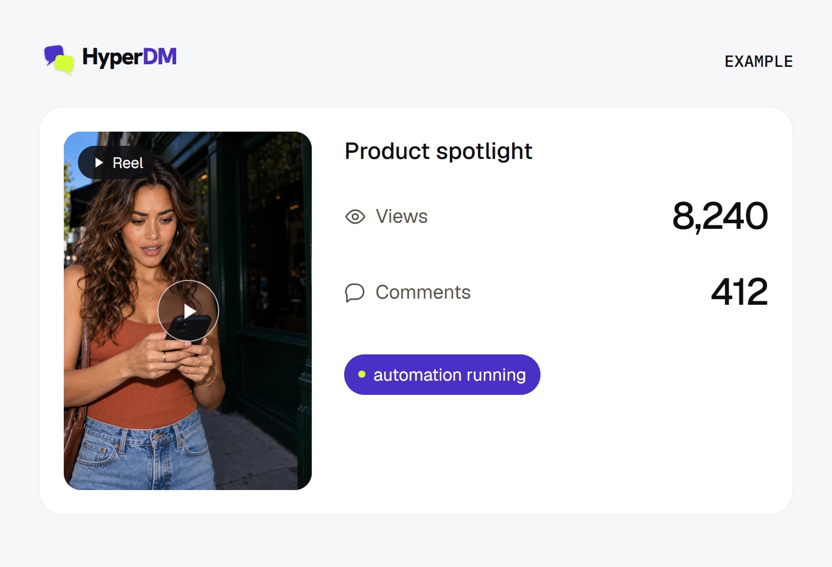 Example Reel with 8,240 seeded views and 412 seeded comments; a Plum pill says automation running. These are fictional demonstration counts.