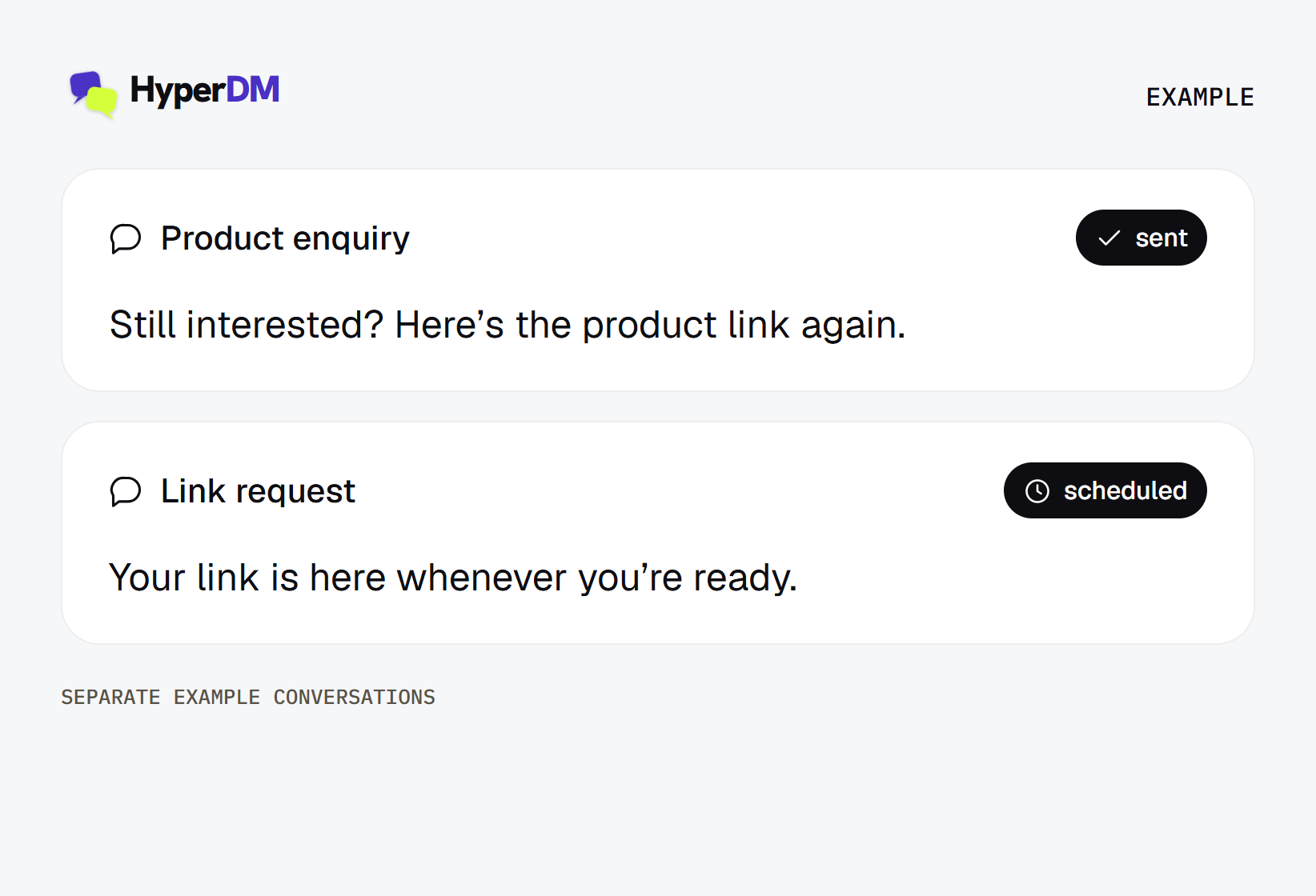 Two example follow-up cards for separate conversations: a product enquiry follow-up marked sent and a link-request follow-up marked scheduled.