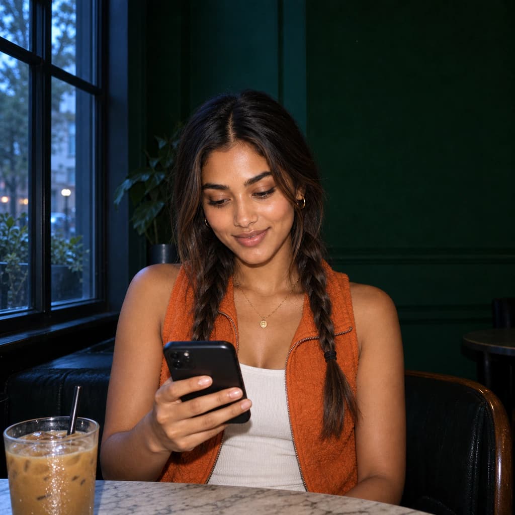 A woman with braided hair by a window smiling at her phone, with an iced coffee beside her.