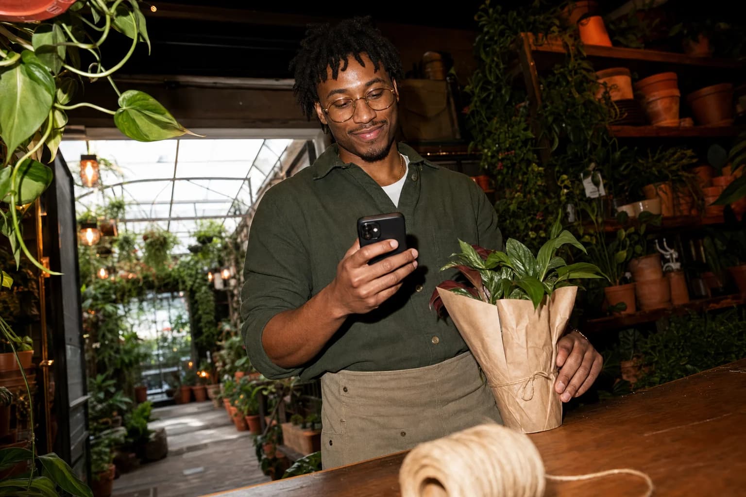 Young man in glasses and an apron reads his phone with a small smile behind a plant-nursery counter, holding a paper-wrapped plant.