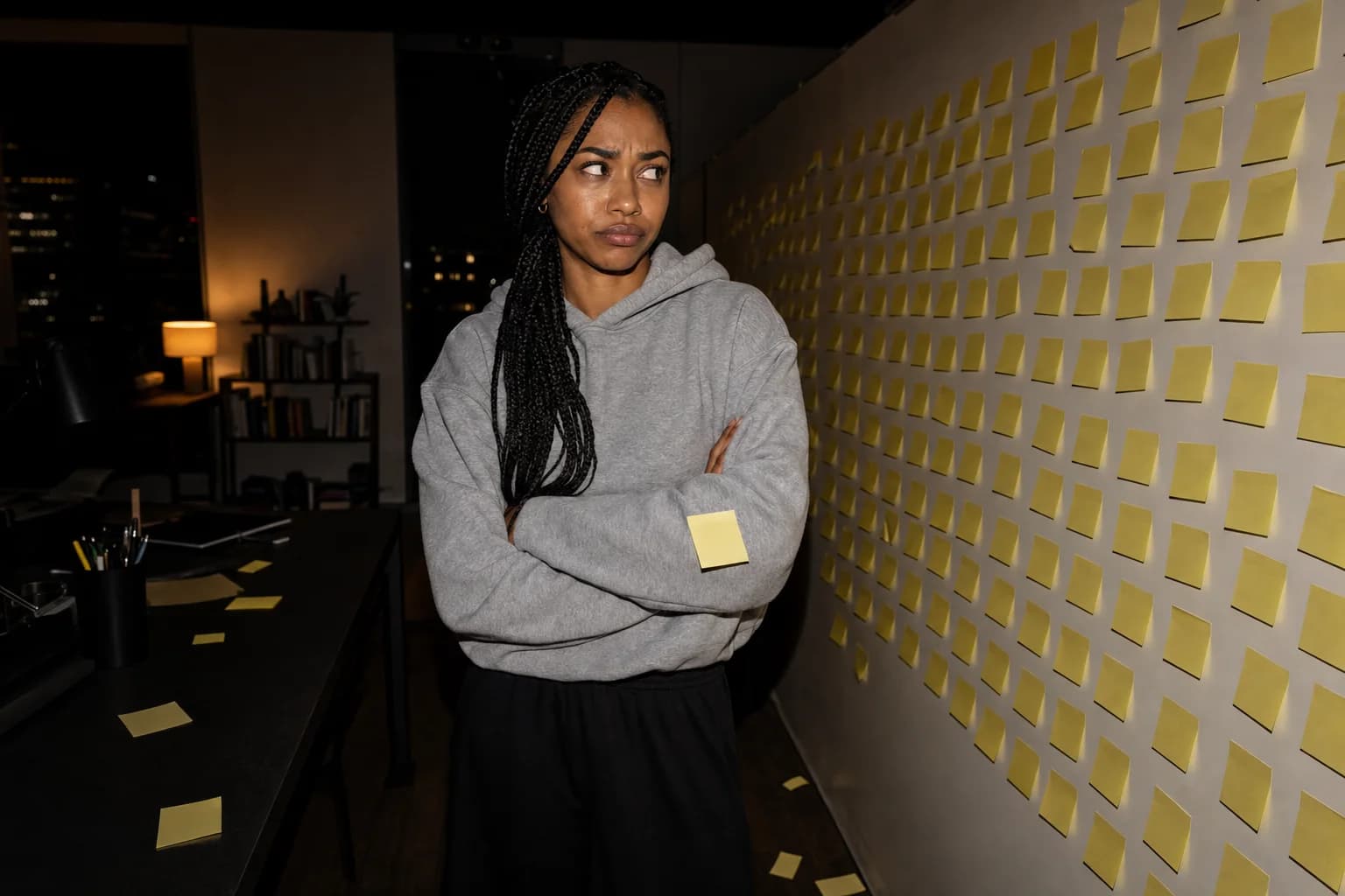 A woman stands arms folded in a dark office, side-eyeing a wall of blank yellow sticky notes, one stuck to her sleeve.