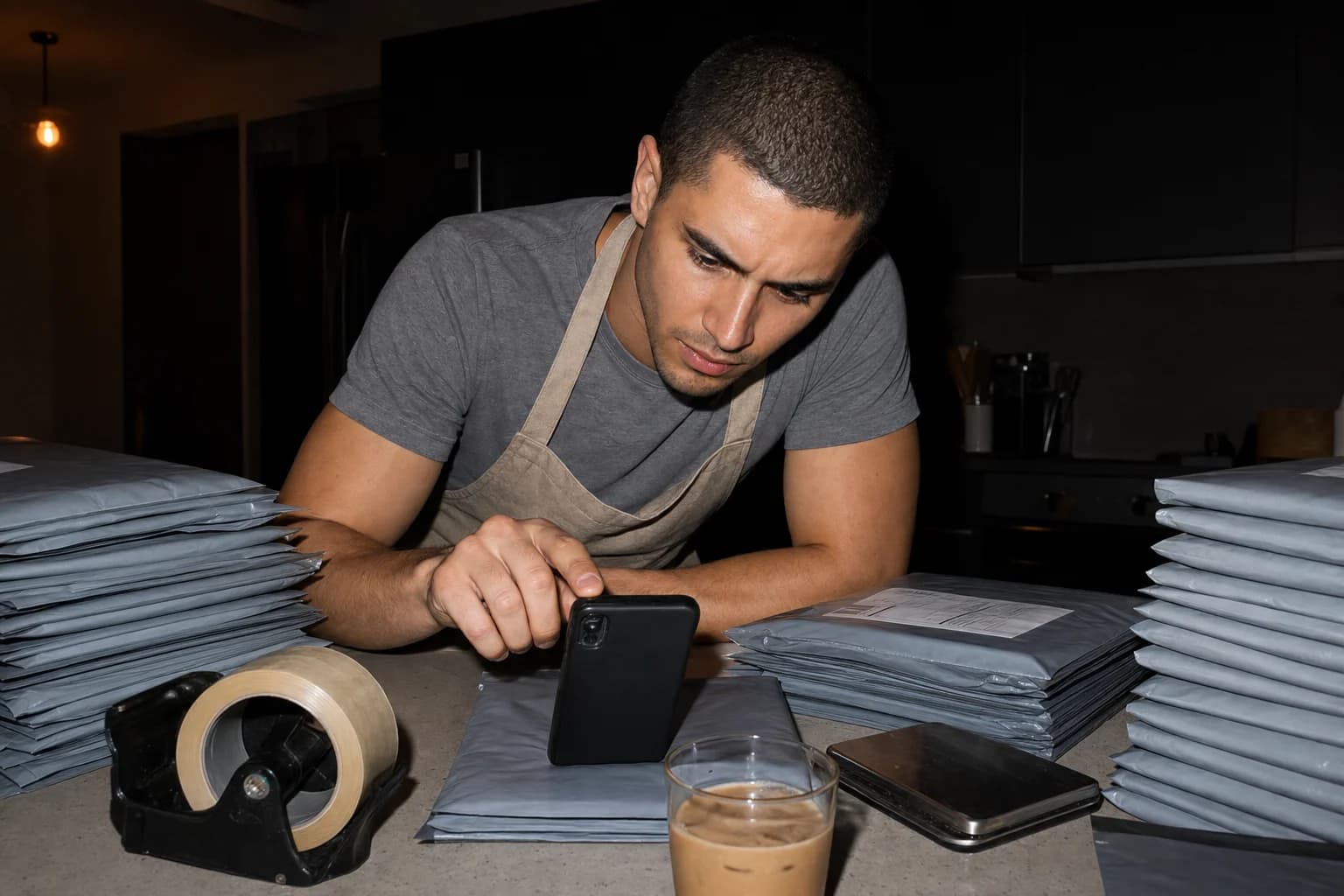 A man in an apron leans over a kitchen packing bench at night, tapping his phone between stacks of grey mailers.