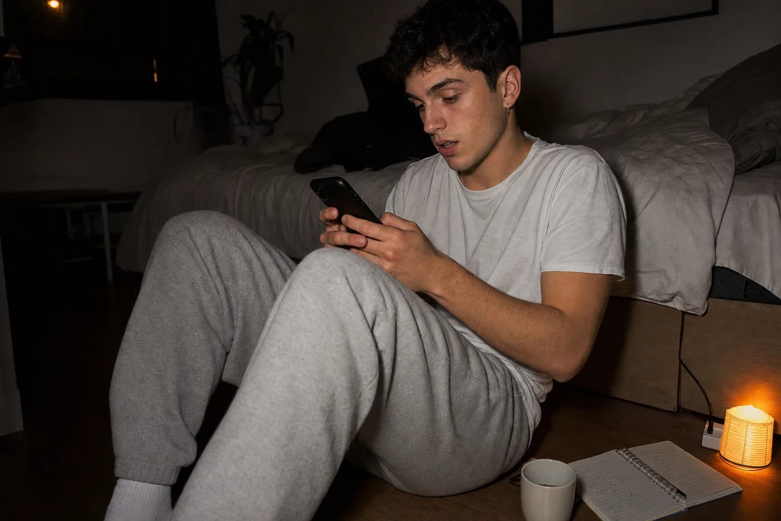 Young man sits on the floor against a bed in a white tee, absorbed in his phone, a notebook open beside him.