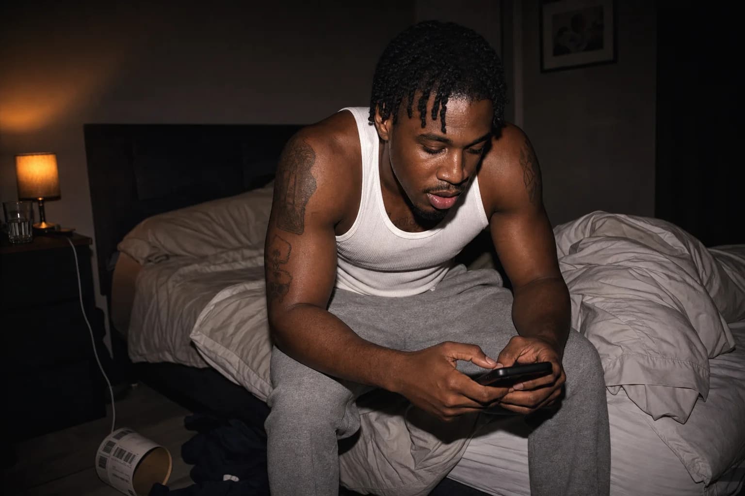 A man sits on the edge of his bed late at night, hunched over his phone with both thumbs mid-message.