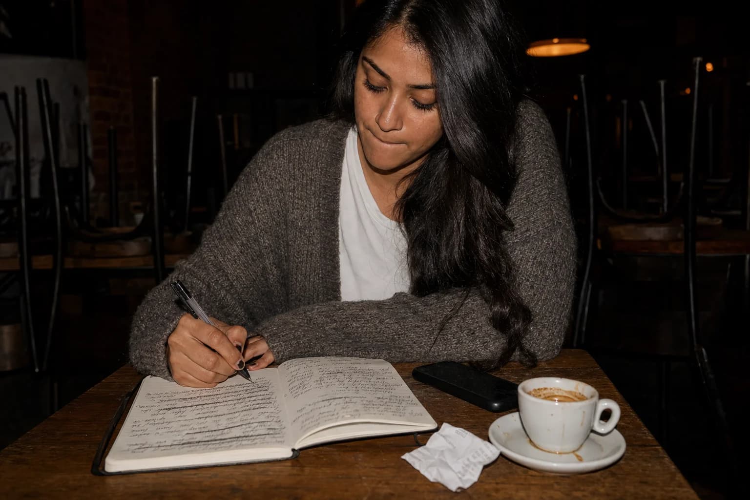 A woman writes in a notebook at a café table after closing, phone face-down beside an empty espresso cup.
