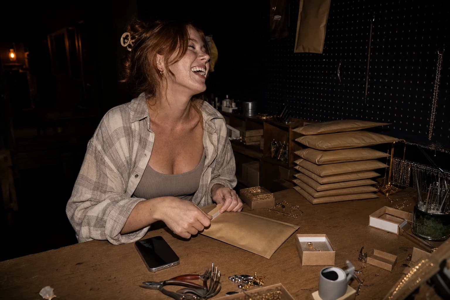A woman laughs mid-task at a jewellery bench at night, sealing a kraft mailer beside a stack of packed orders.