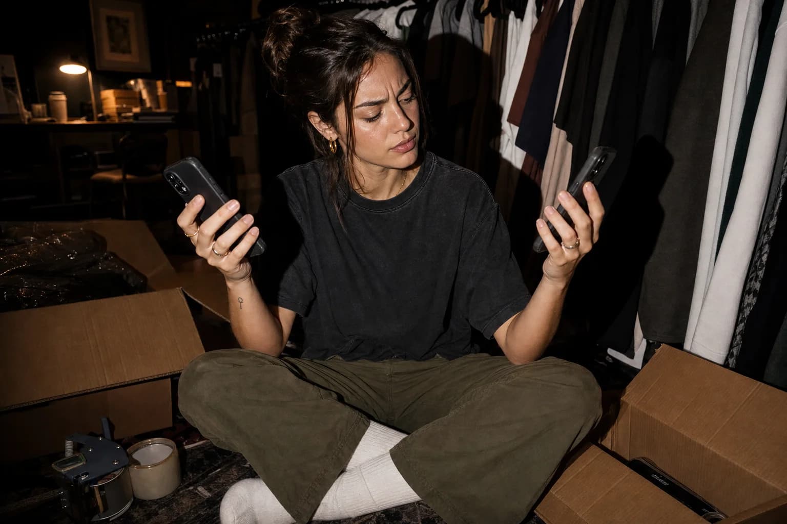 A woman sits cross-legged on a studio floor between open shipping boxes, weighing a phone in each hand, frowning, undecided.