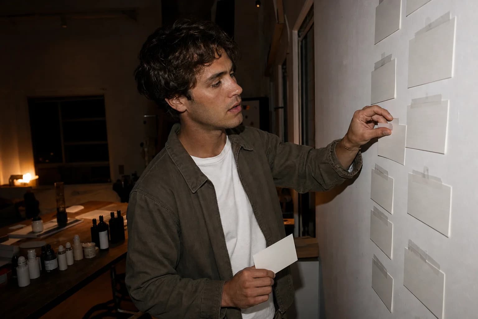 A man reaches up to reorder a grid of blank index cards taped to a studio wall, product samples on a table behind him.
