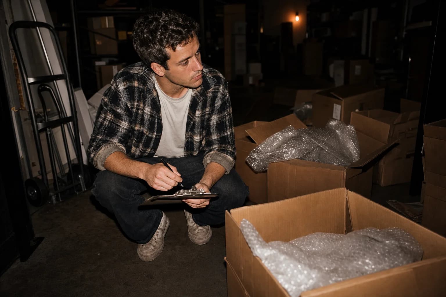A man in a flannel shirt crouches with a clipboard in a dim stockroom mid-move, counting open boxes packed with bubble wrap.
